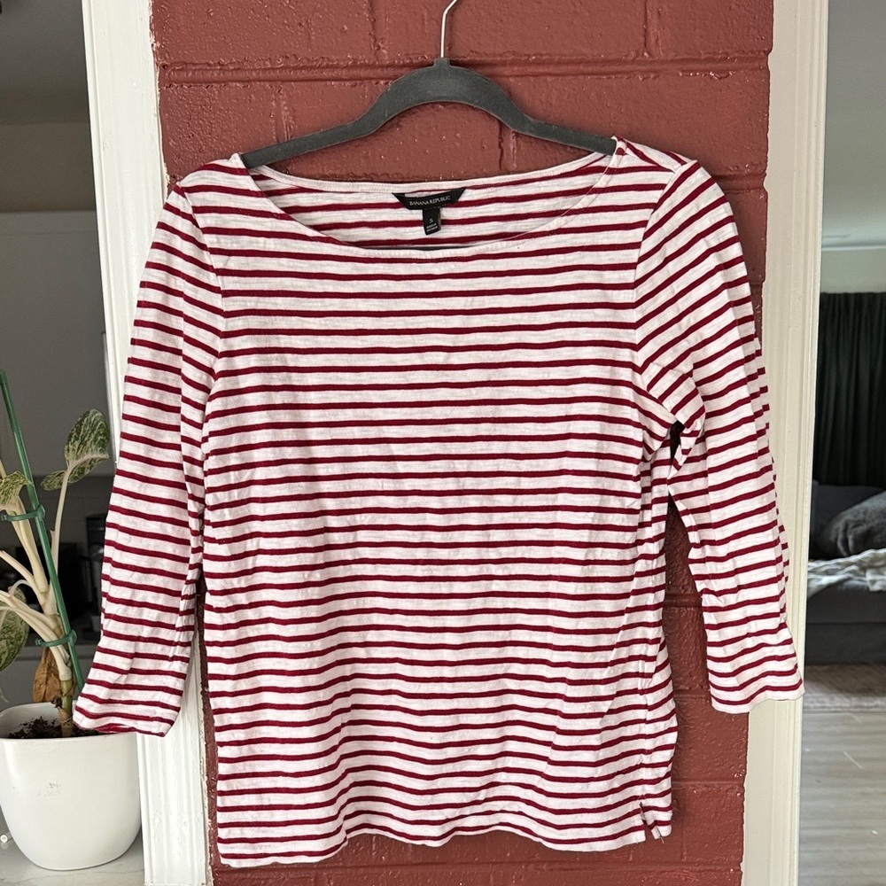 Banana Republic Red and White Striped 3 Quarter Sleeve Top Small